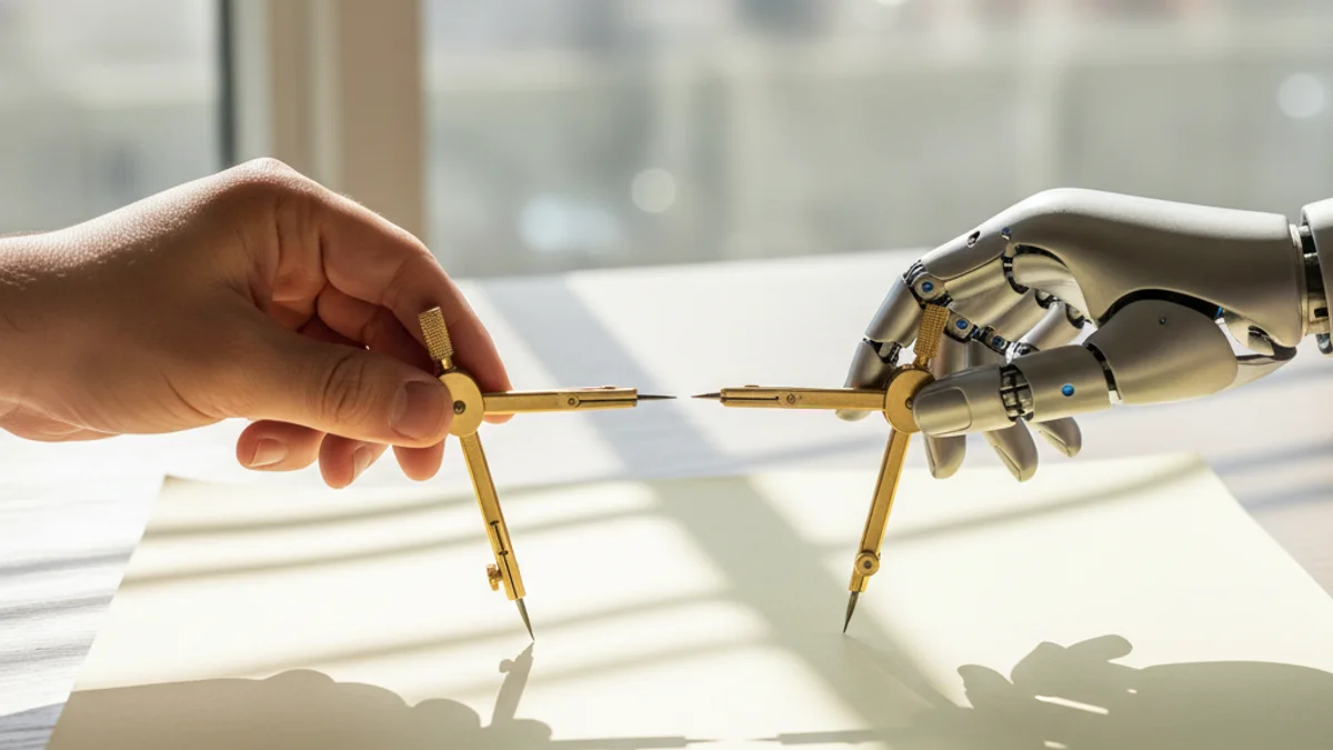 Mão humana e mão robótica seguram juntas um compasso de latão sobre mesa iluminada.