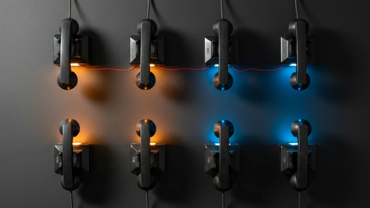 Telefones vintage sobre superfície escura, metade levantados com luz dourada, metade intocados.