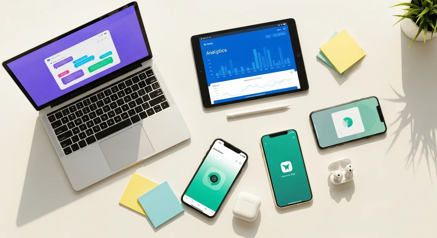 Workspace de gestor de tráfego com laptop, smartphone e relatório de campanha sobre mesa de madeira — ferramentas de IA para marketing digital