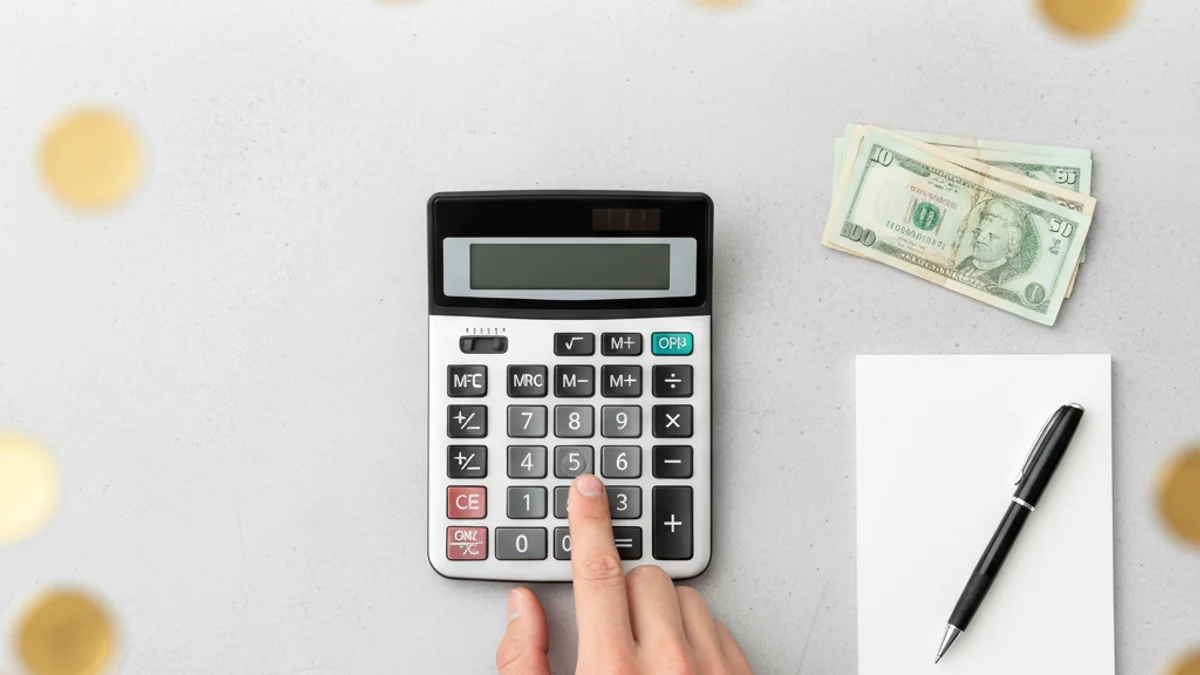 Mão pressionando teclas de calculadora rodeada por moedas douradas e notas.