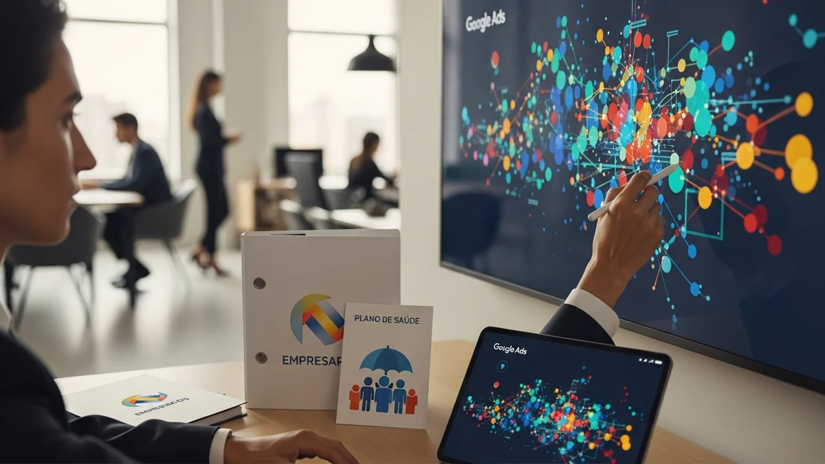Mãos de um gestor apontando para dashboard do Google Ads com gráfico de conversões em alta para campanha de plano de saúde empresarial