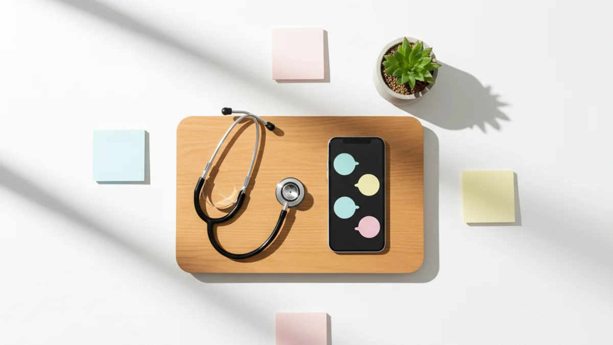 Mesa de clínica com estetoscópio, celular com notificações e plantas em luz natural.
