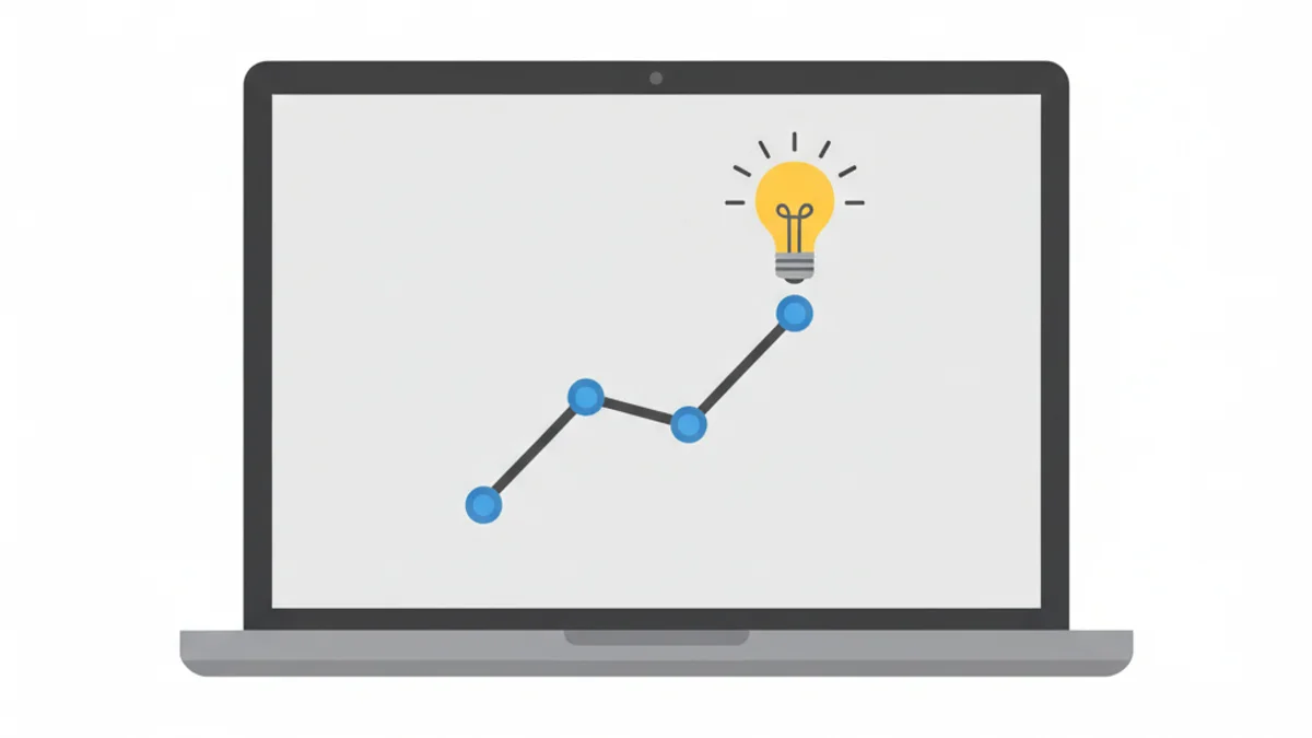 Tela de laptop com gráfico e ícone de lâmpada representando ideia