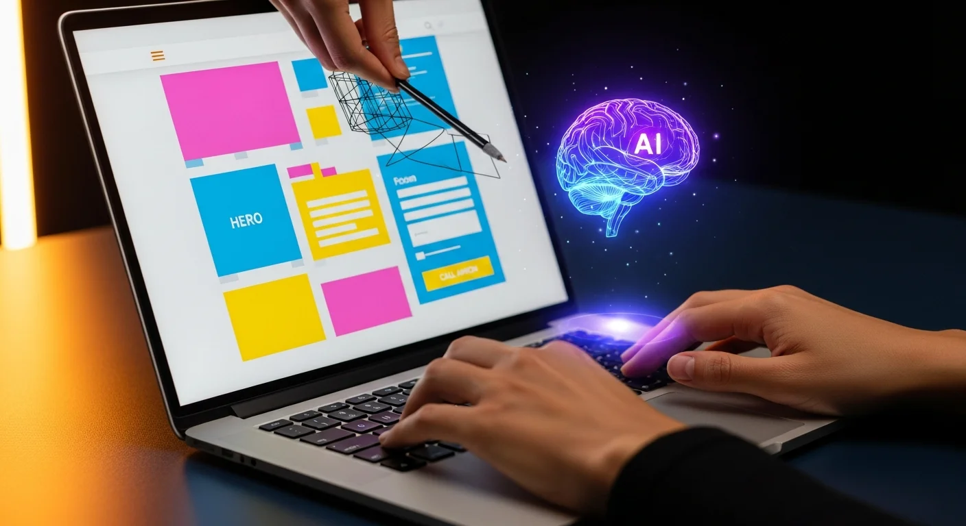 Mãos digitando em laptop com wireframe de landing page sendo construído por IA