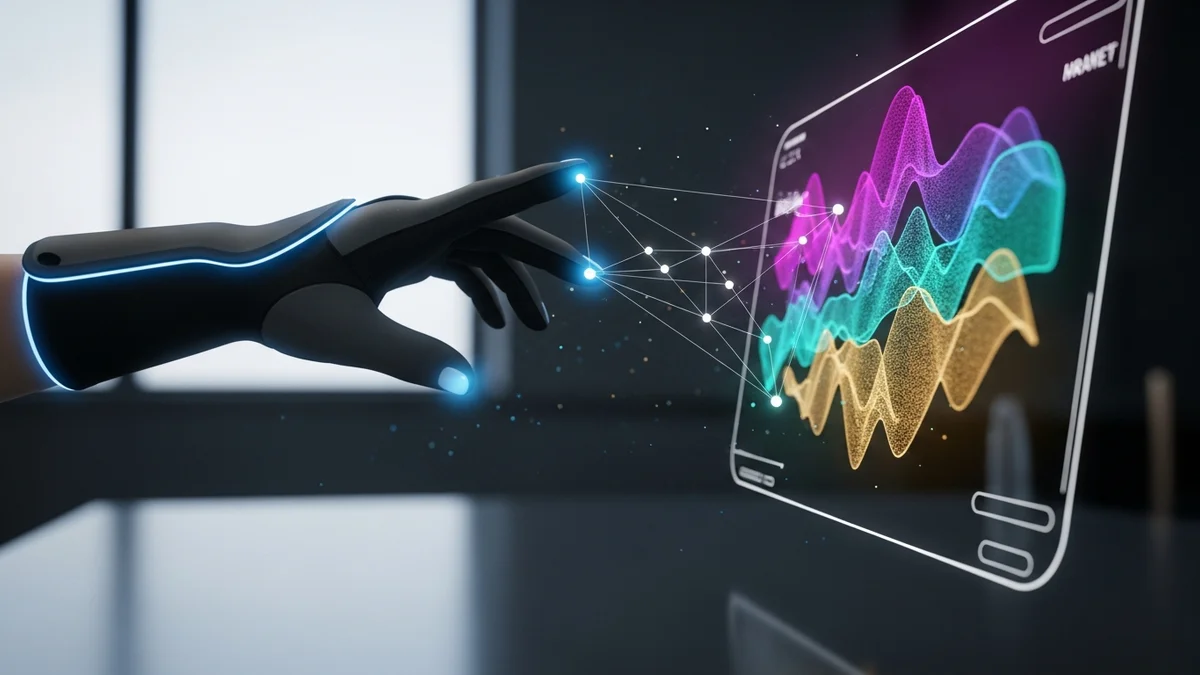 Mãos interagindo com tela de computador mostrando site sendo gerado por inteligência artificial em interface moderna