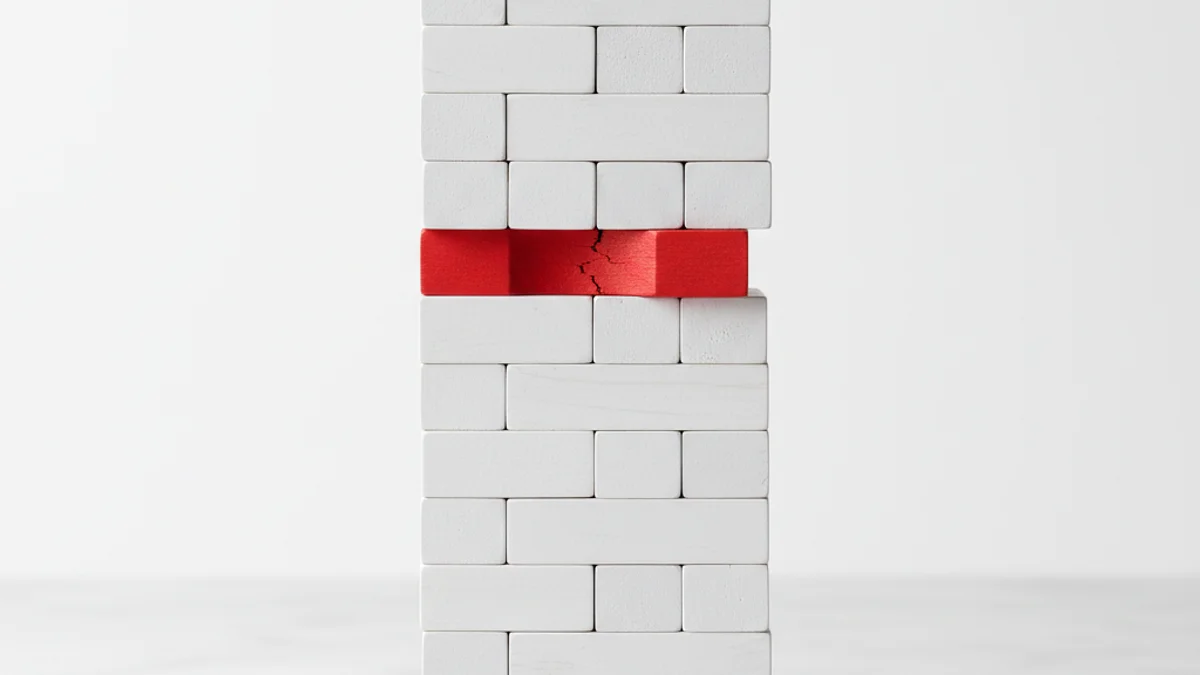 Pilha de blocos brancos desestabilizada por um bloco vermelho torto no meio da estrutura.
