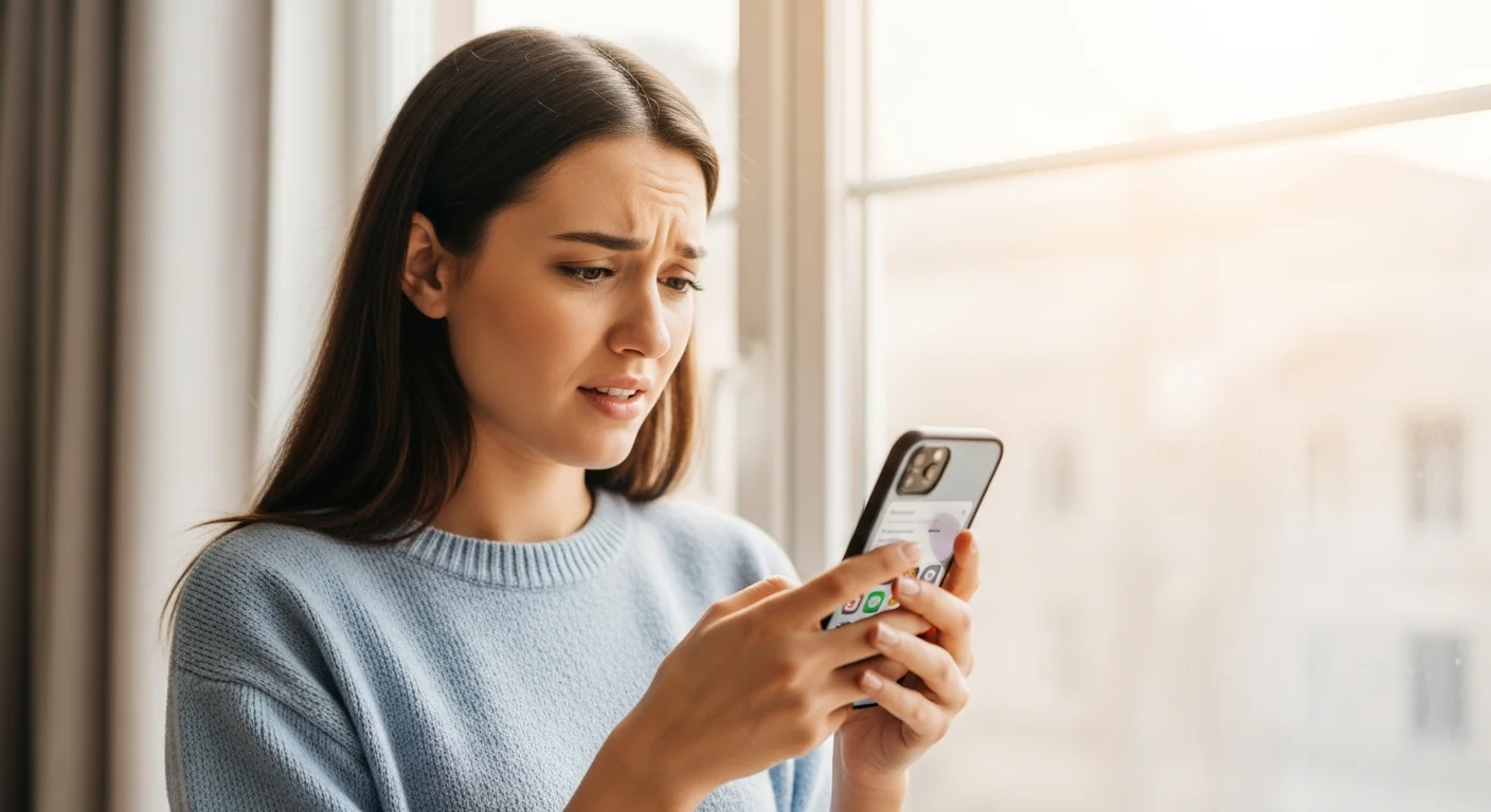 Mulher frustrada olhando smartphone com erro ao turbinar publicação no Instagram, luz natural