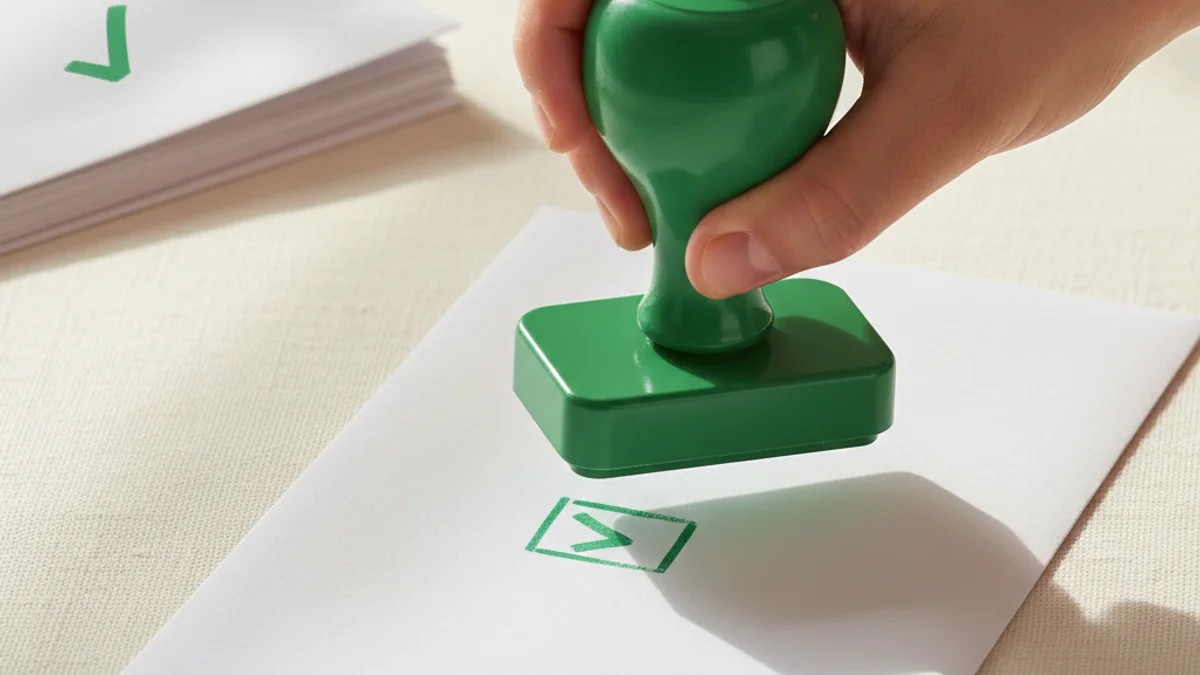 Mão carimbando envelope branco com marca verde de aprovação em mesa iluminada.