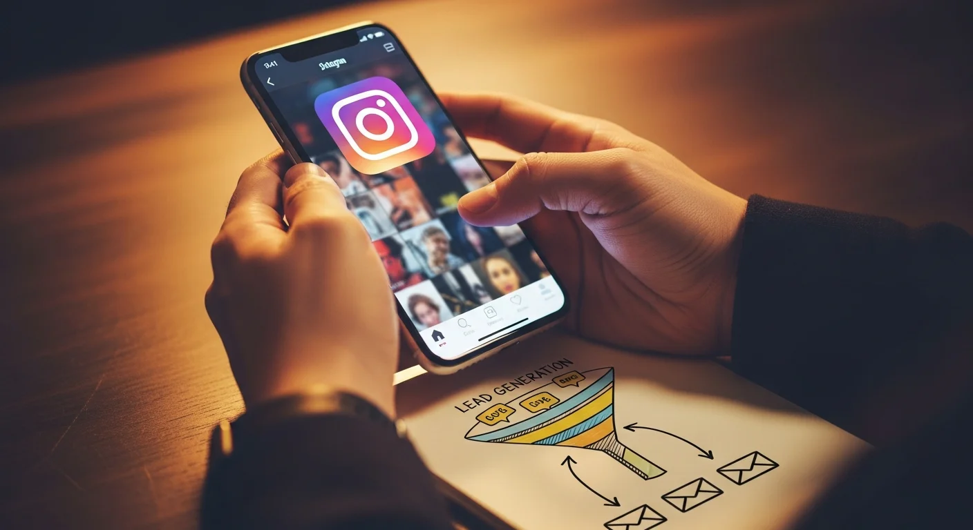 Mãos segurando celular com Instagram aberto e caderno com funil de leads desenhado