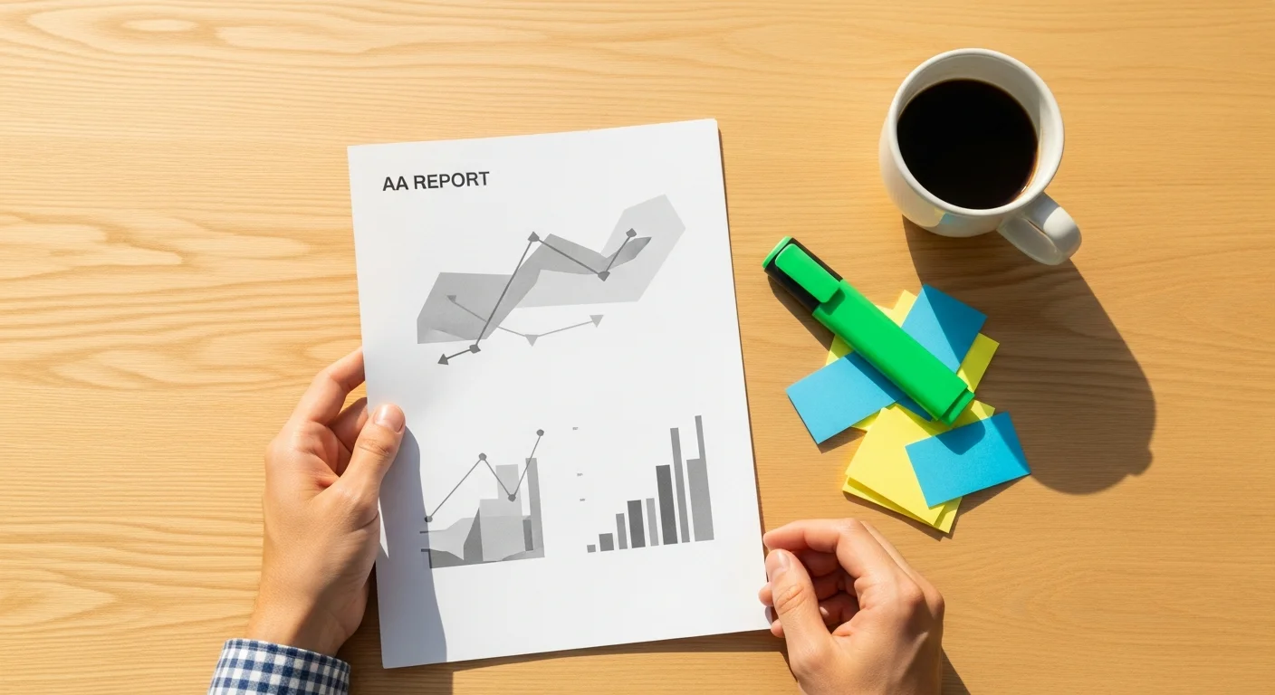 Mãos segurando relatório impresso com gráficos sobre mesa de madeira com café e sticky tabs — analisando dados enquanto a campanha Google Ads está em aprendizado
