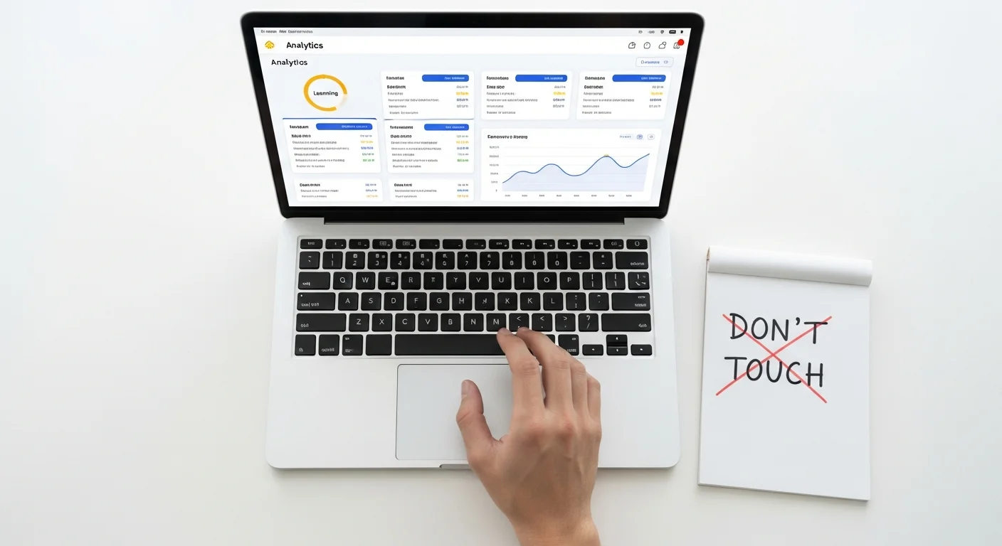 Mão hesitando sobre teclado de laptop com tela do Google Ads mostrando indicador amarelo de aprendizado — a tentação de mexer na campanha