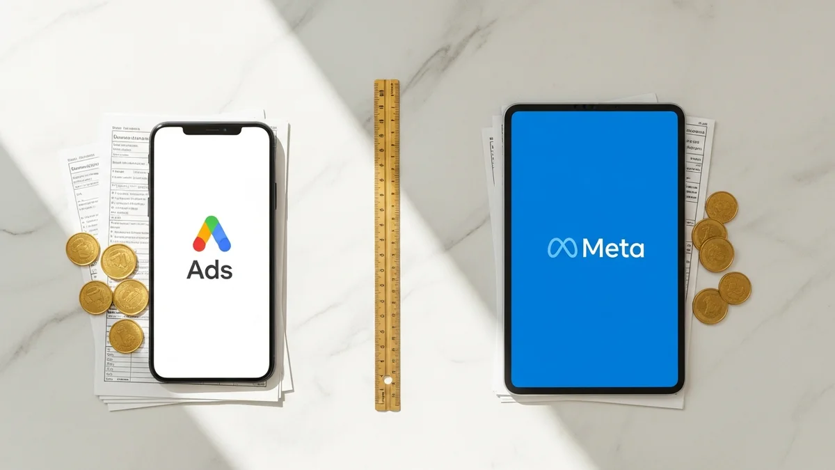 Dois monitores lado a lado mostrando dashboards de campanhas de anúncios — Google Ads à esquerda e Meta Ads à direita