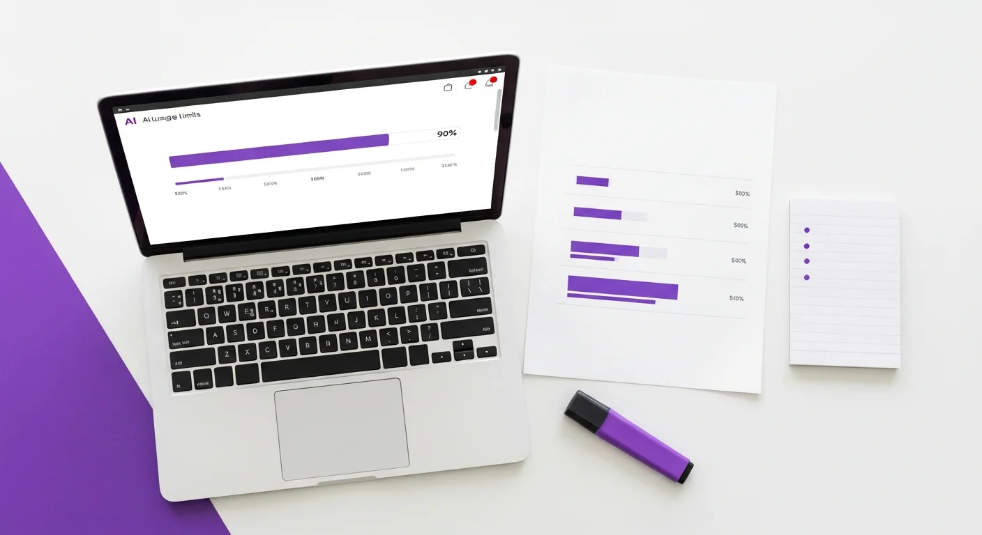 Flat-lay de mesa com laptop mostrando dashboard de consumo de IA, celular e caderno com anotações sobre limites de uso
