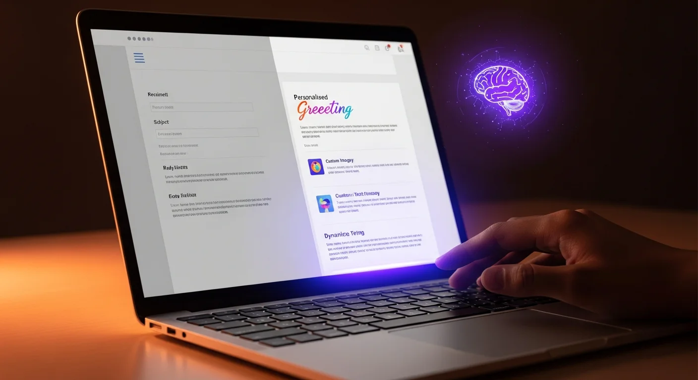 Laptop mostrando email genérico sendo transformado em personalizado com efeitos de IA