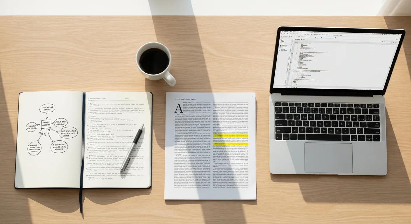 Mesa de trabalho vista de cima com caderno de anotações, laptop, artigo impresso destacado e caneta — setup de estudo com IA na pós-graduação