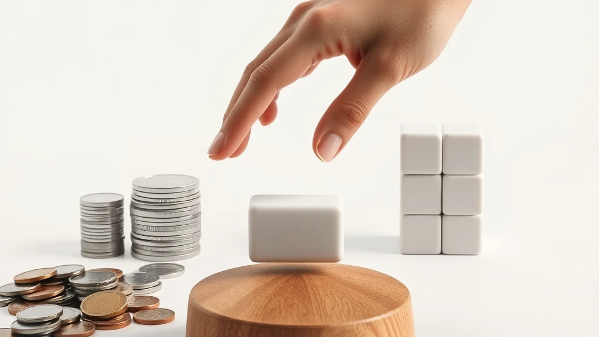 Mãos calculando sobre mesa com moedas empilhadas, balança e bússola ao fundo.