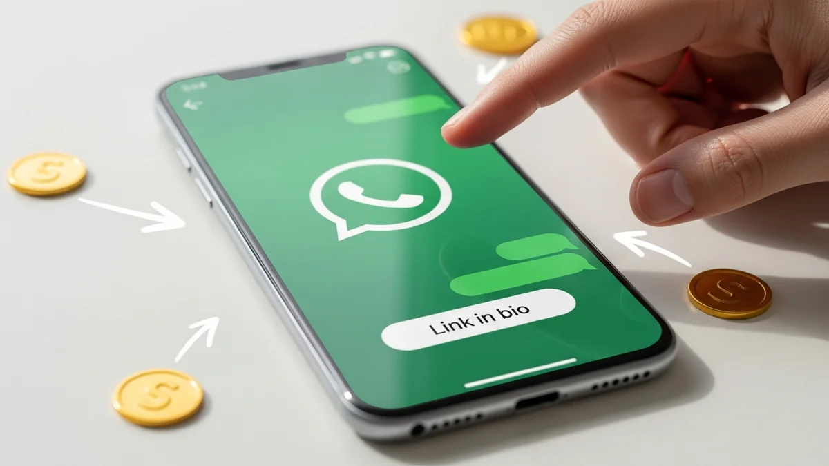 Celular com tela do Instagram exibindo perfil de negócio com link do WhatsApp na bio e ícone verde do WhatsApp em destaque