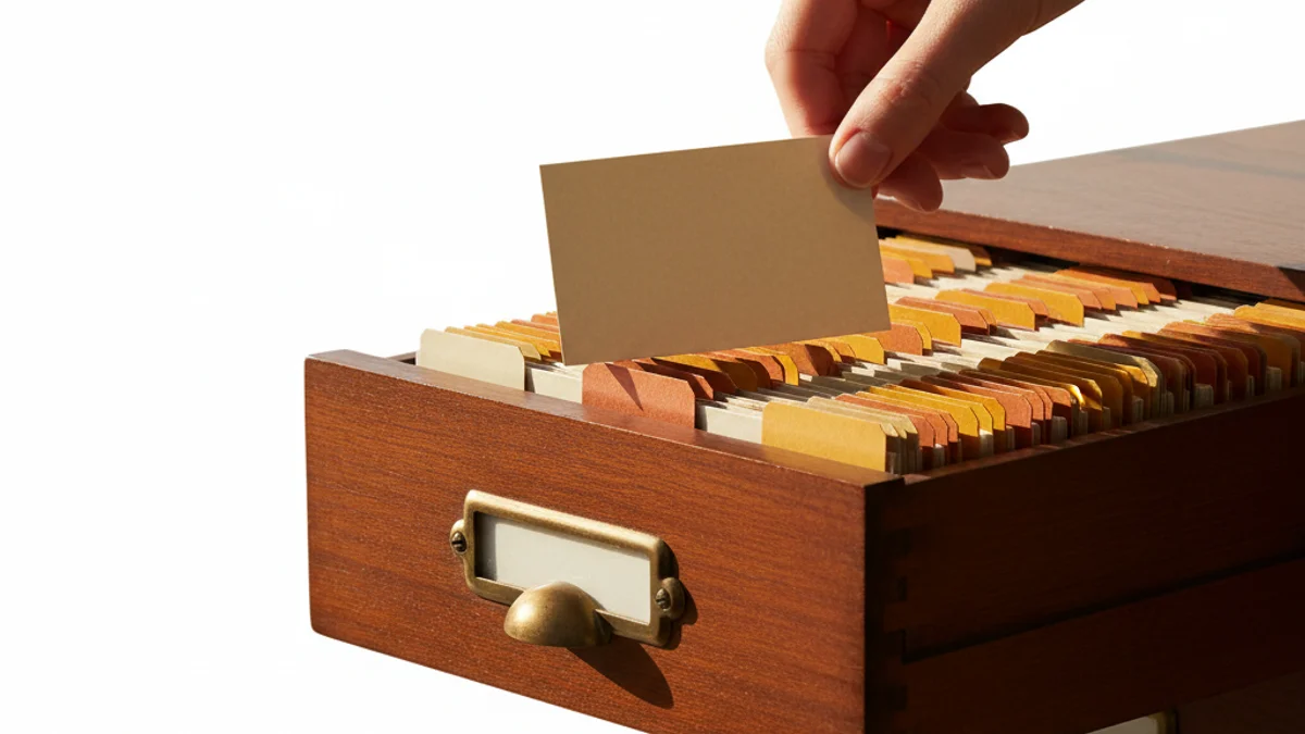 Mão puxando ficha de catálogo de madeira vintage com divisórias coloridas organizadas.