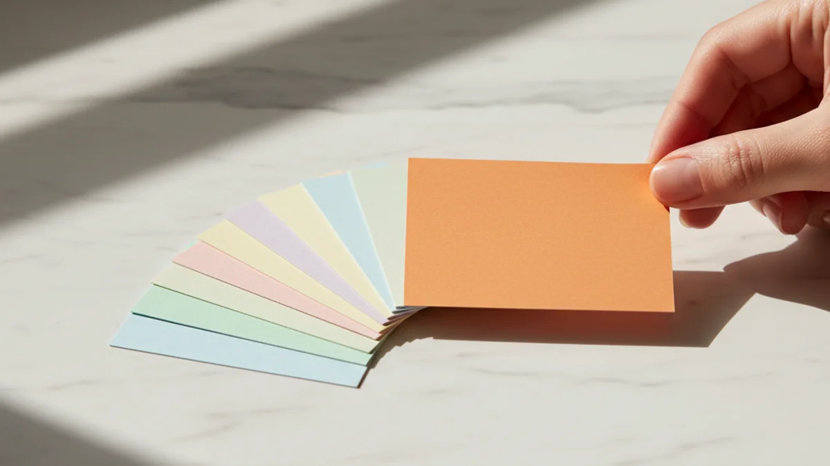 Mão escolhendo um cartão laranja entre oito cartões coloridos em mármore branco.