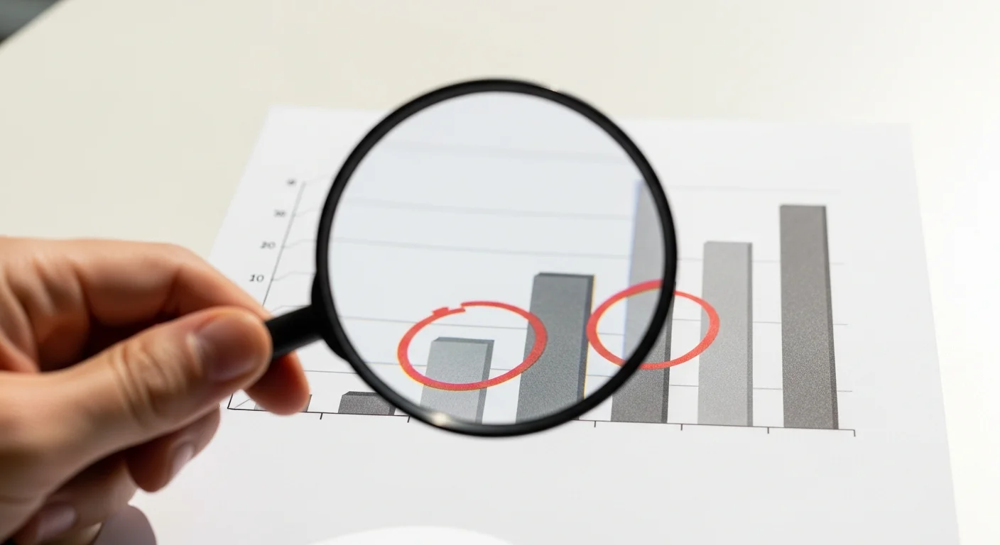 Mão segurando lupa sobre gráfico de barras impresso com círculos vermelhos marcando dados suspeitos — investigando rastreamento do Meta Ads