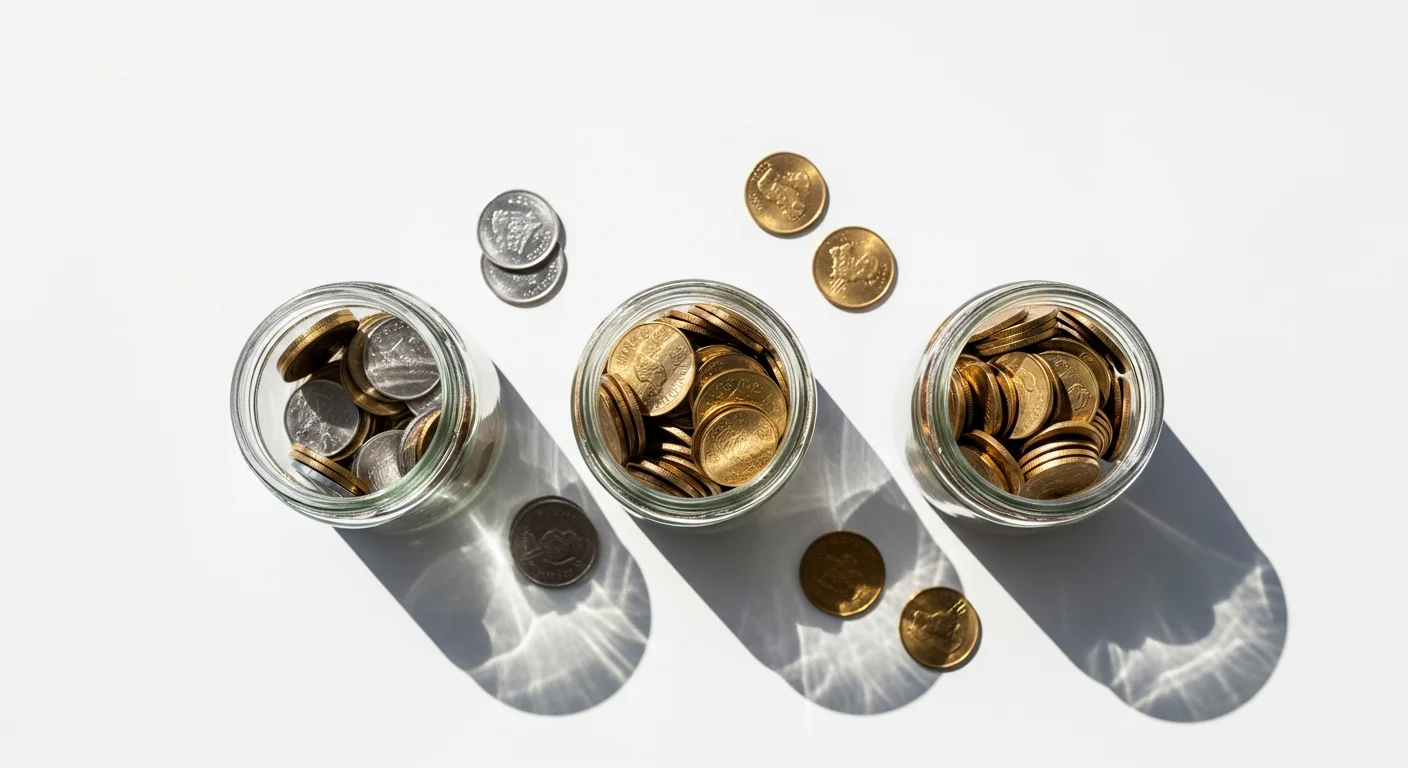 Três jarros de vidro com quantidades diferentes de moedas vistos de cima — distribuição de orçamento entre campanhas CBO no Meta Ads