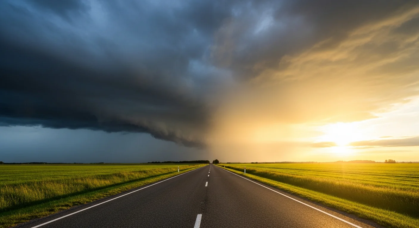 Estrada reta entre campos verdes com céu de tempestade escuro à esquerda e sol dourado rompendo à direita — cenário vai piorar antes de melhorar no Meta Ads
