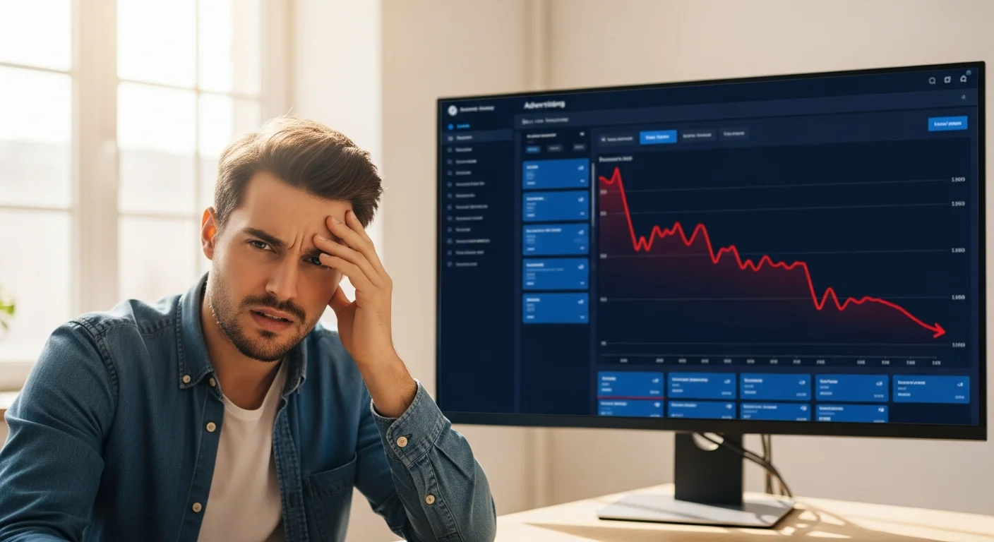 Profissional frustrado com mão na testa em frente a monitor com dashboard navy blue e gráfico vermelho em queda — Meta Ads parou de funcionar