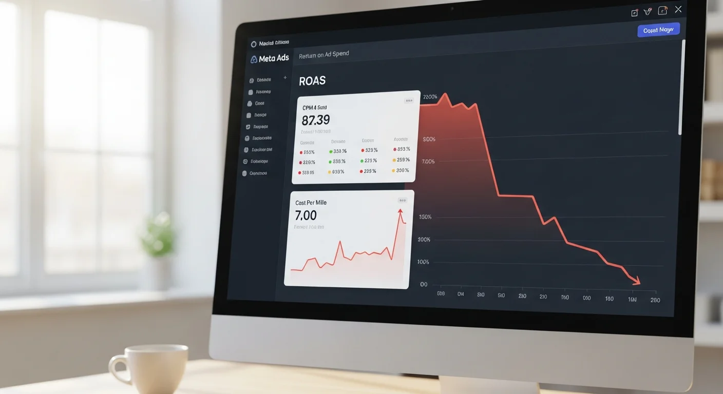 Painel do Meta Ads com gráfico de ROAS em queda e 5 ações práticas para recuperar resultado