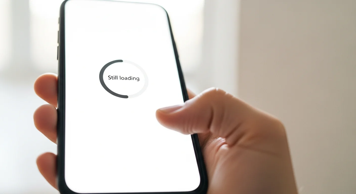 Mão segurando celular com spinner de loading circular — página de destino lenta afasta visitantes do Meta Ads