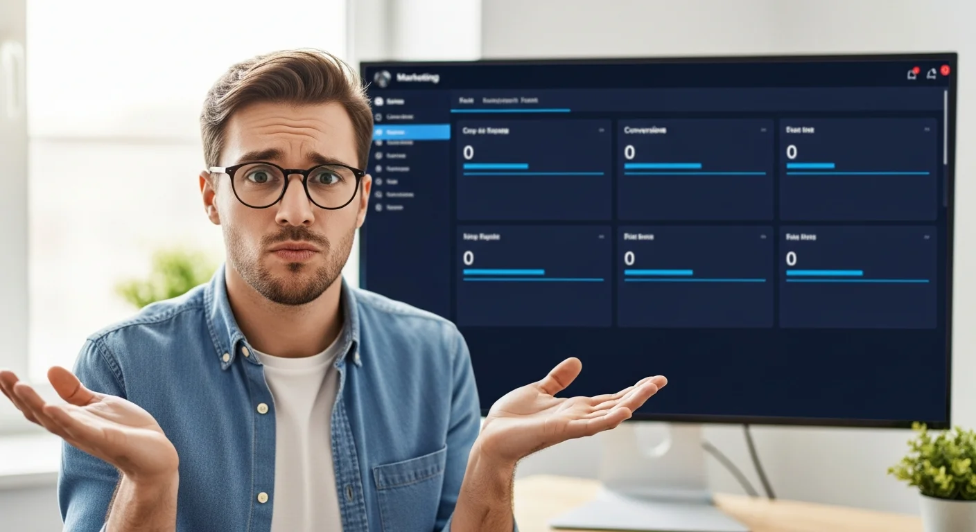 Profissional confuso em frente a monitor com dashboard azul mostrando linhas planas sem conversões — Meta Ads sem resultado