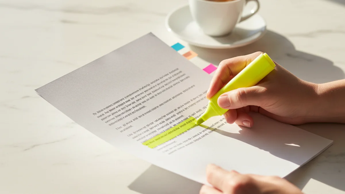 Mãos marcando texto impresso com marca-texto amarelo sobre mesa iluminada.