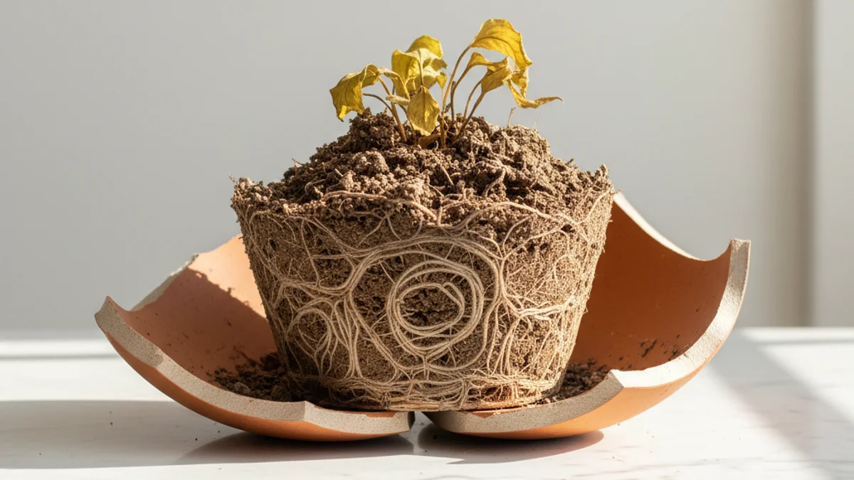 Vaso de planta rachado com raízes presas e folhas murchas em luz natural.