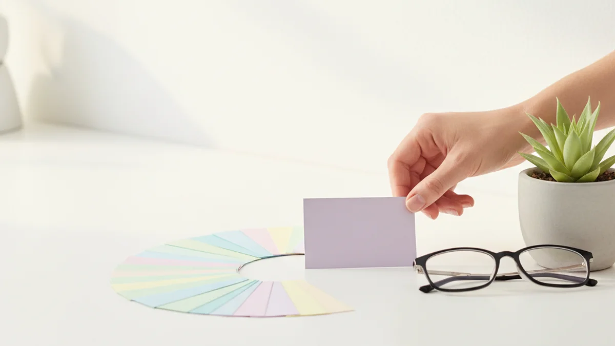 Mão selecionando cartão colorido entre vários em balcão de clínica iluminado.