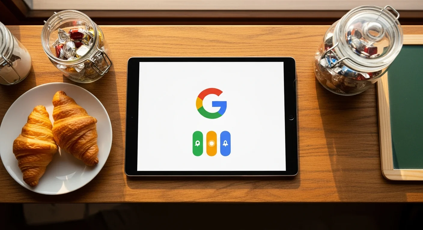 Flat-lay de mesa com tablet mostrando dashboard simplificado, cartão de visita de loja e caderno de anotações sobre marketing local