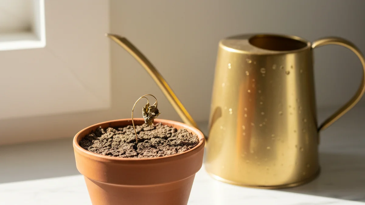 Muda seca em vaso com terra rachada ao lado de regador cheio intocado.