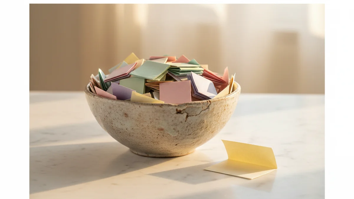 Tigela de cerâmica com papéis dobrados coloridos sobre bancada de mármore iluminada.
