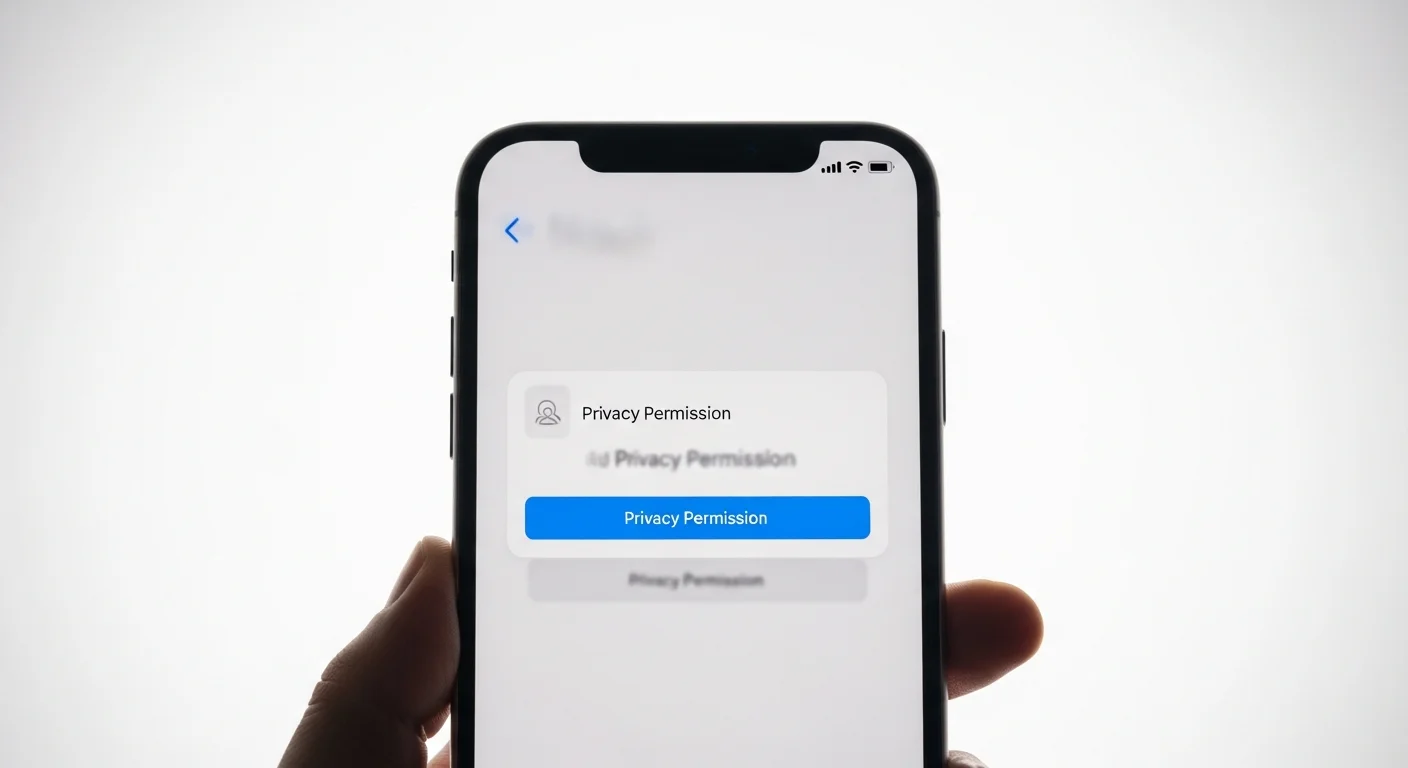 Close-up de iPhone em estúdio com luz branca mostrando tela de solicitação de permissão de rastreamento de aplicativo, fundo claro e clean