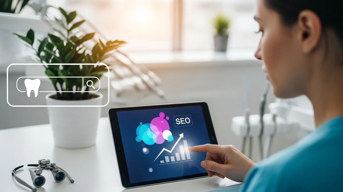 Dentista em consultório moderno apontando para tela de computador com gráfico de posições no Google — análise de SEO para clínica odontológica