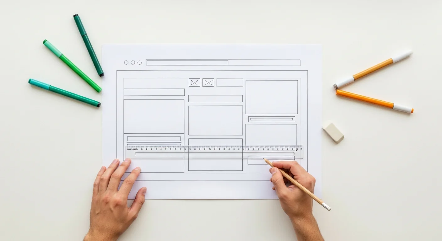 Mãos desenhando wireframe de site no papel com canetas coloridas — planejando a estrutura de um site novo com SEO desde o início