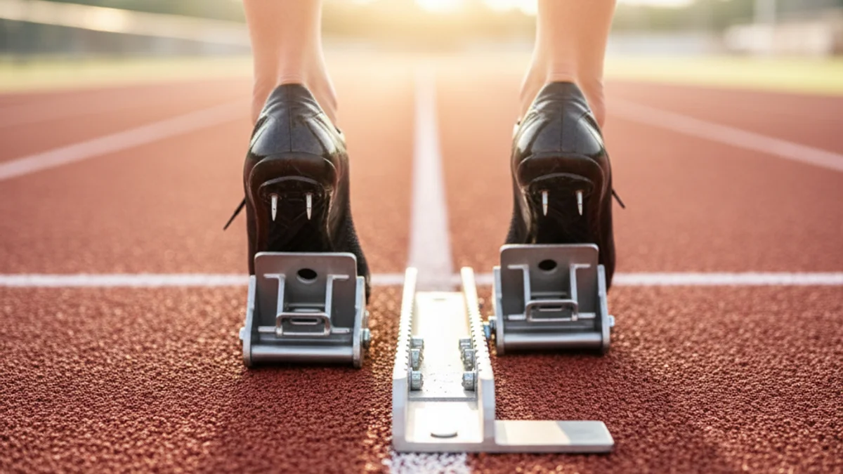 Tênis de corrida em blocos de largada sobre pista atletismo, representando velocidade e performance digital.