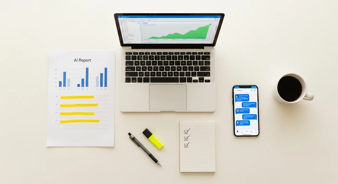 Profissional de marketing analisando dados de campanha no laptop com expressão de descoberta ao encontrar insights com IA