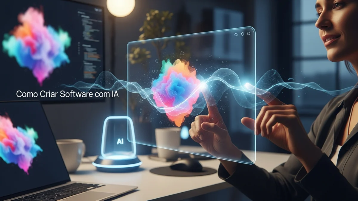 Mãos digitando em laptop com interface de IA gerando código automaticamente na tela