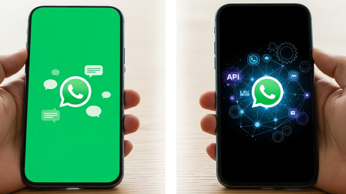 Comparativo visual entre WhatsApp Business App e WhatsApp Business API mostrando diferenças de escala e funcionalidades