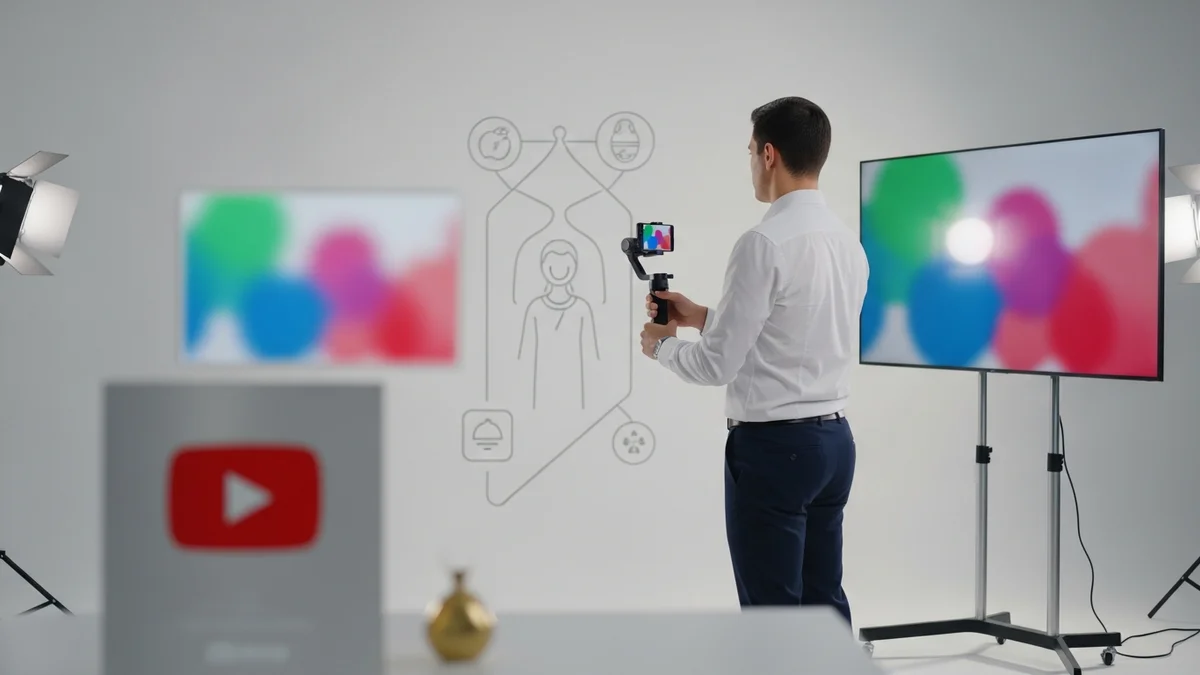 Corretor de saúde gravando vídeo com microfone de lapela, tela do laptop ao fundo mostrando painel de análise do YouTube
