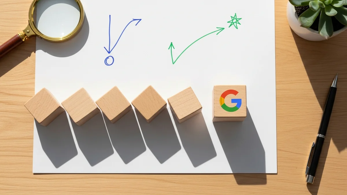 Cinco blocos de madeira sobre uma mesa: quatro caídos e um em pé com o logo do Google, representando a proporção de 4 sites perdedores para cada 1 vencedor após o Core Update