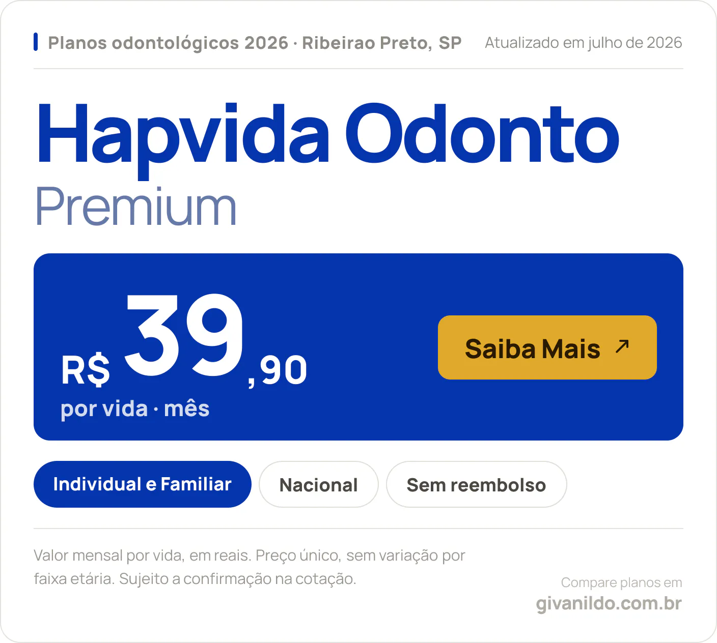 Tabela de preços 2026 Hapvida Odonto Premium em Ribeirao Preto, SP