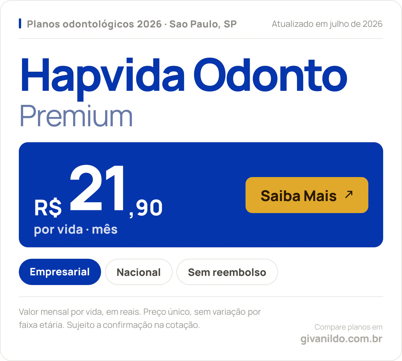 Tabela de preços 2026 Hapvida Odonto Premium em Sao Paulo, SP