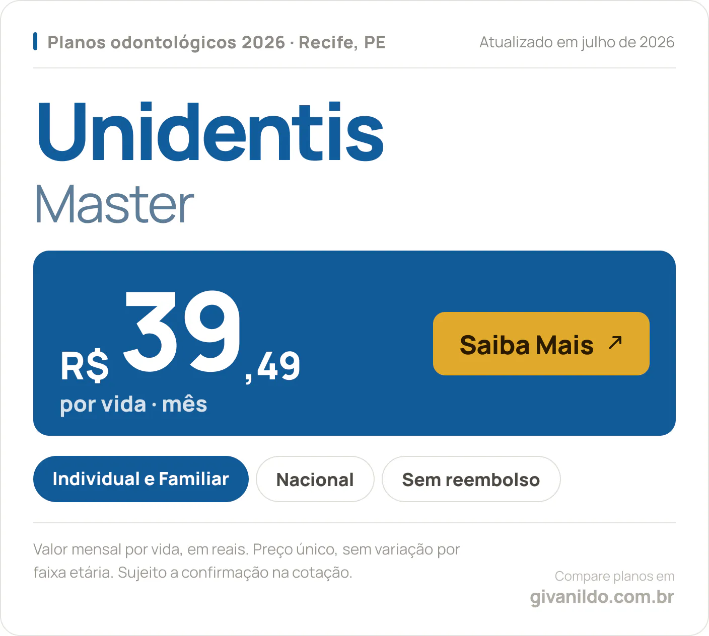 Tabela de preços 2026 Unidentis Master no Recife, PE
